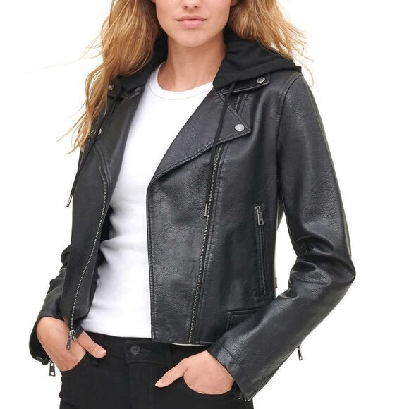 NWT - Levi's Ladies' Faux Leather Black Moto Hooded Jacket – Size XXL (16) - Picture 4 of 9